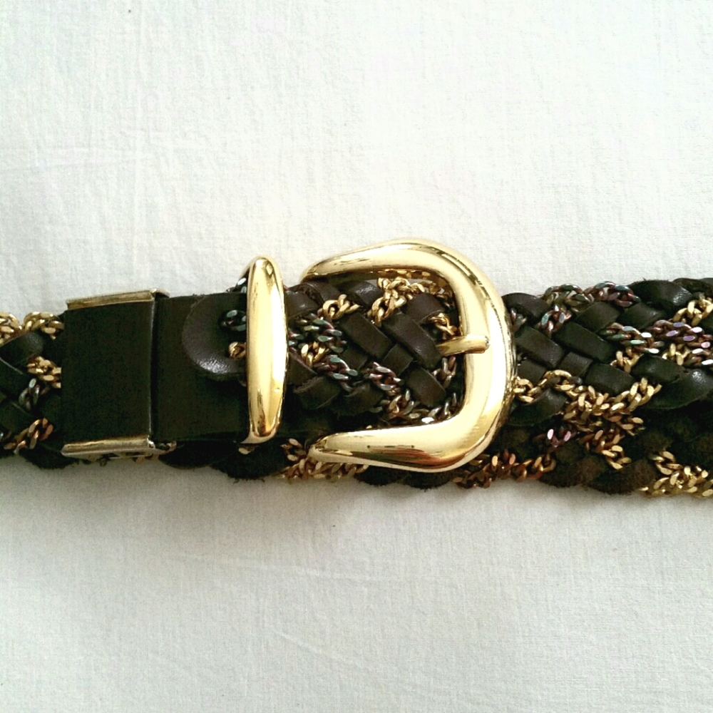 Gold & Brown Braided Chain & Leather Belt